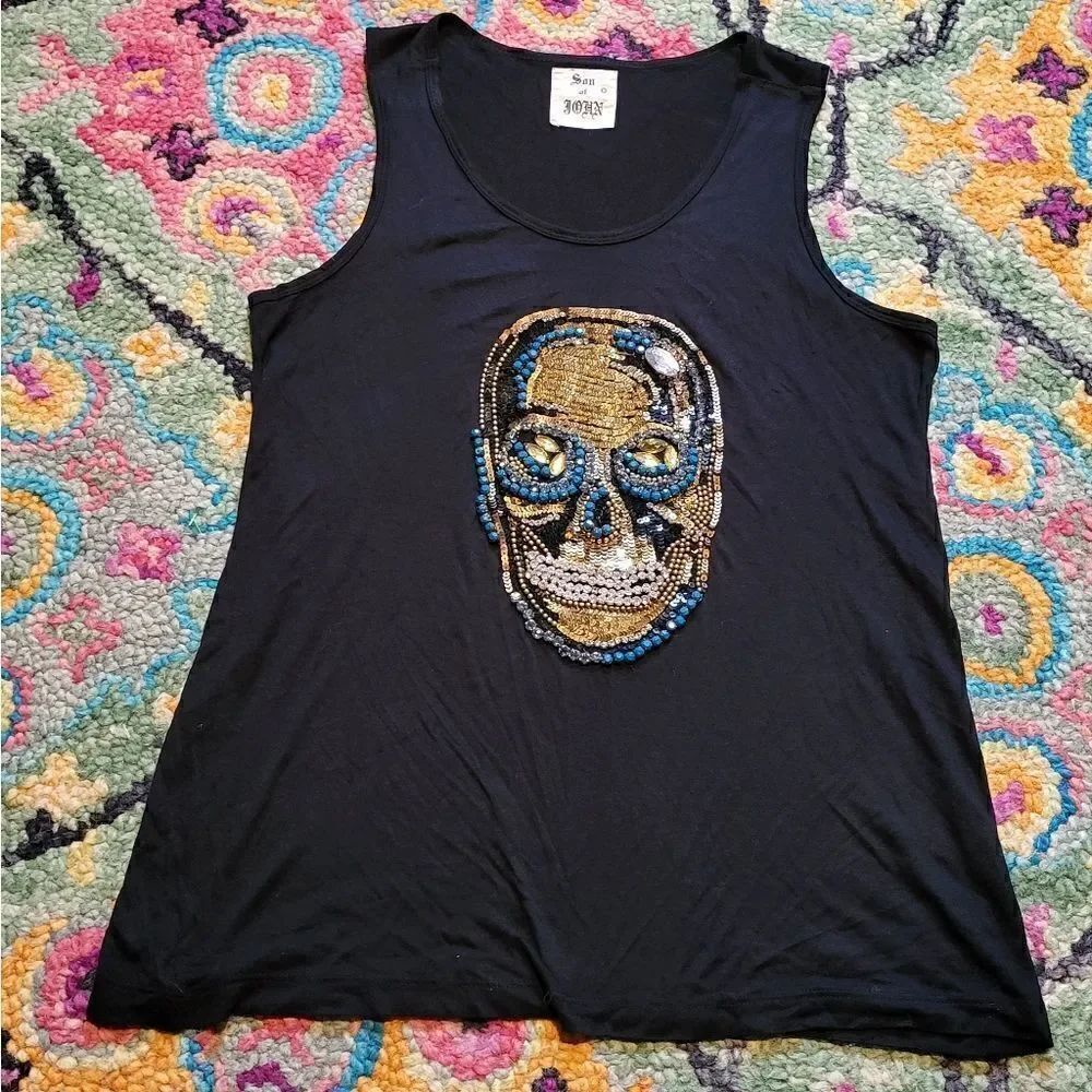Son Of John Beaded Sequin Embellished Skull Tanp Top Black XS
